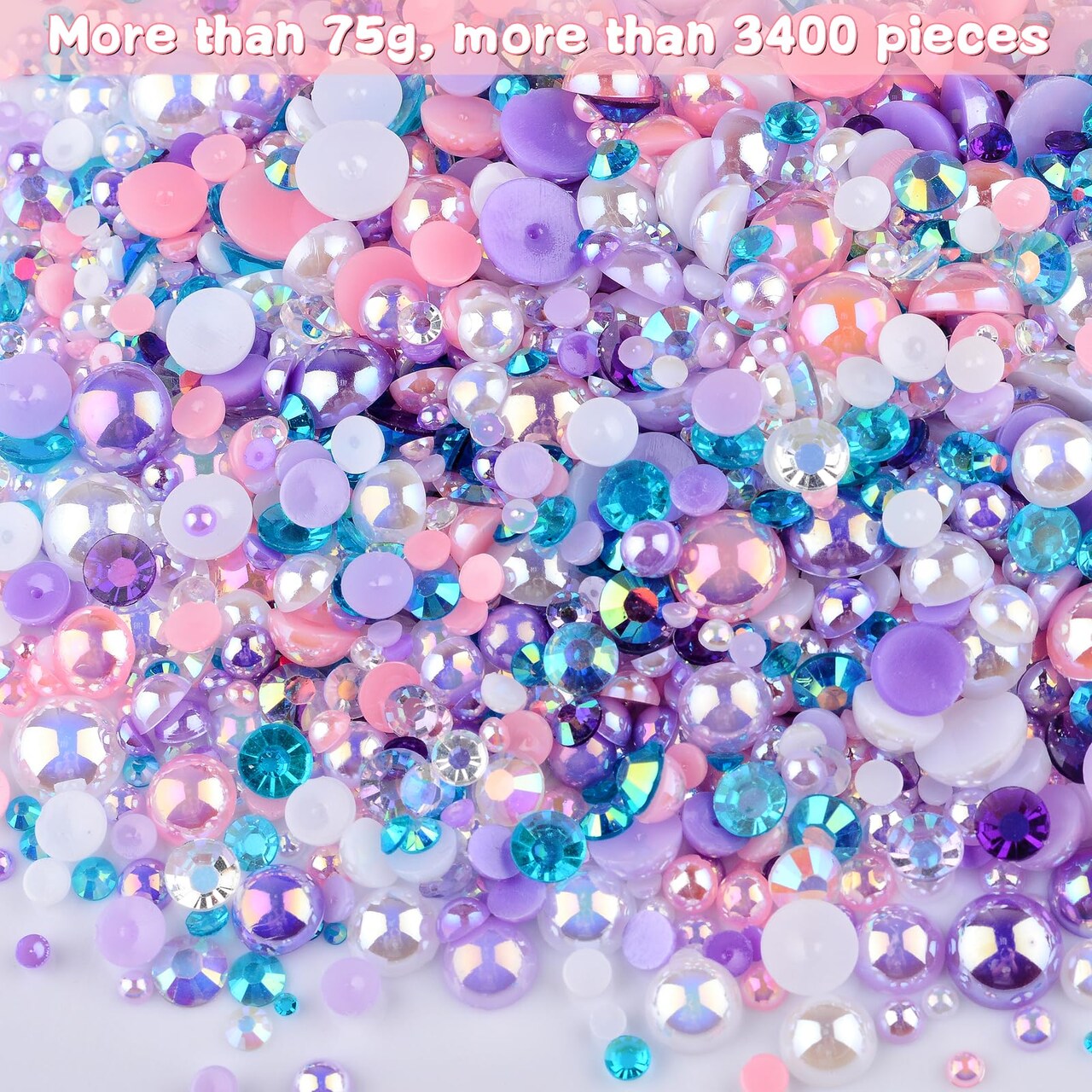 75g Mix Resin Pearls Rhinestones Kit, 3-10mm Half Pearls and 2-6mm Flatback Rhinestones for Nail Art Decoration Shoes Clothes Tumblers Scrapbooking Craft DIY (Purple Pink White)